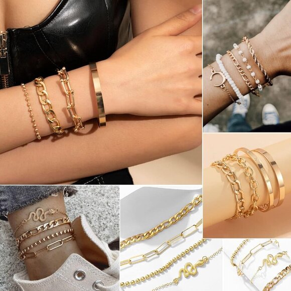 24-25 Pcs 6 Pack 14K Gold Ankle Bracelets Set for Women Boho Stackable Bangles C - Picture 2 of 7